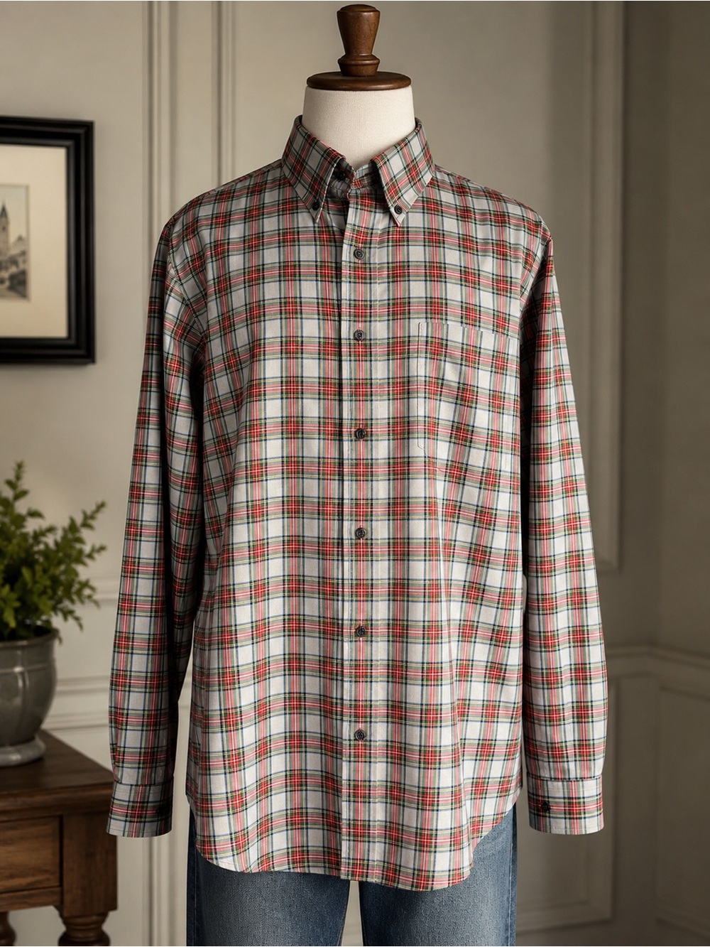 2 L.L. Bean Men's Cotton Plaid Button-Down Shirt in Cream&Red- Navy&Green L